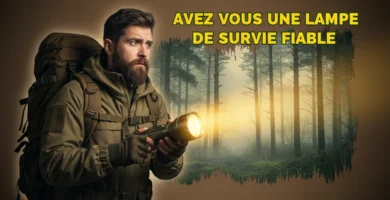 Homm survivaliste qui tient une lampe torche dans la main en foret